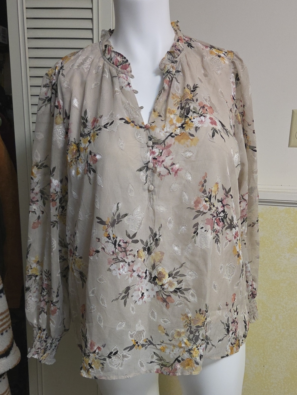 Beige Floral Ruffle-Neck Blouse - Lightweight Long Sleeve Top